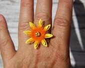 Caroline cocktail statement ring - sunny yellow and orange flower- metal and plastic - eco friendly repurposed vintage
