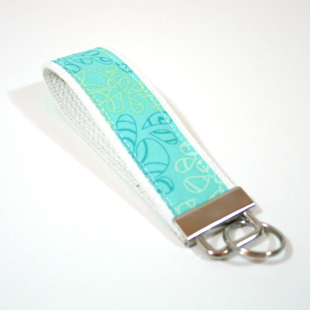 Key Fob Keychain - Nature Elements in Caribbean Blue on White Webbing - Ready to Ship