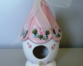 Pink Tole Hand Painted Birdhouse Ceramic Cottage Roses Home Decor OOAK Garden Shabby Chic