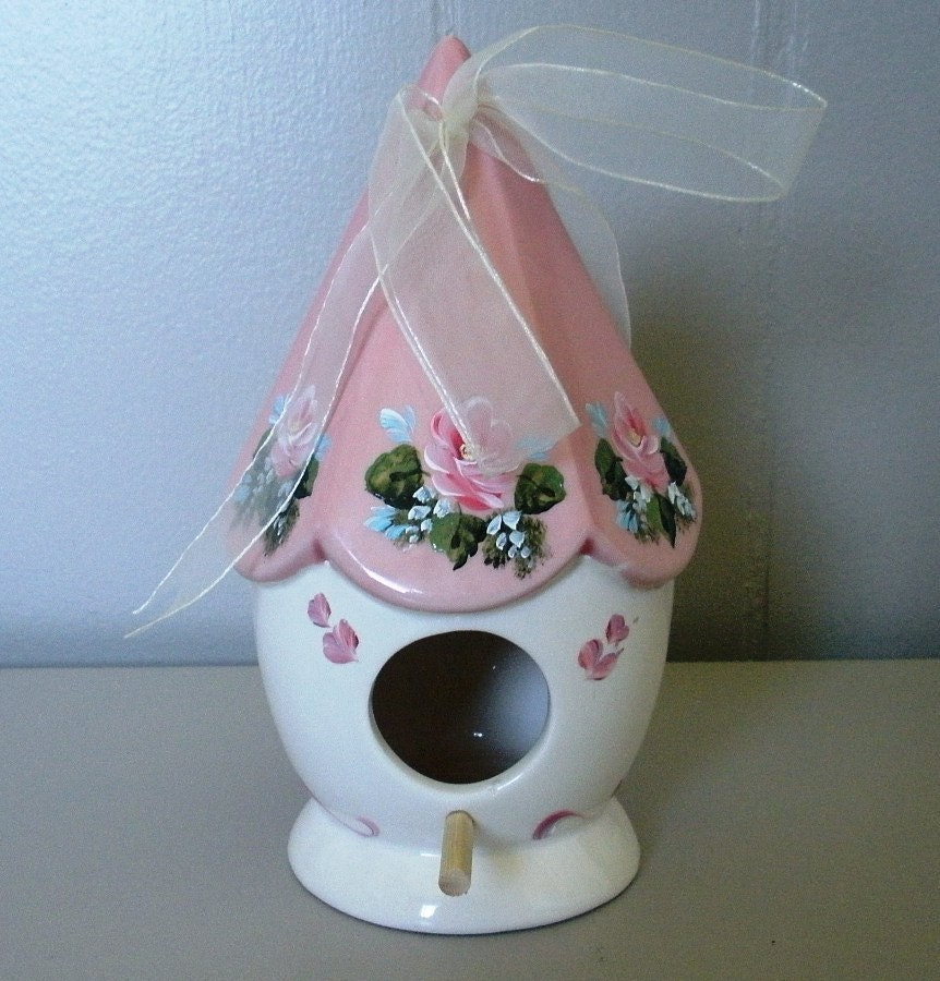 Pink Tole Hand Painted Birdhouse Ceramic Cottage Roses Home Decor OOAK Garden Shabby Chic