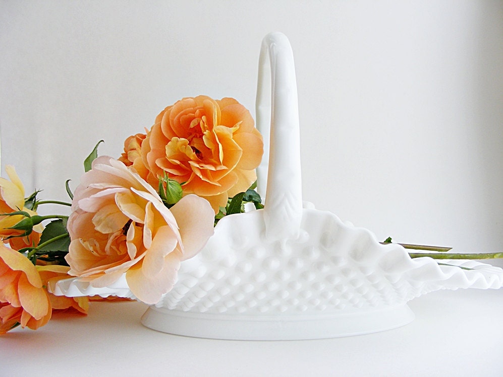 Fenton Hobnail Basket Fruit Bowl, Large Vintage Milk Glass Centerpiece