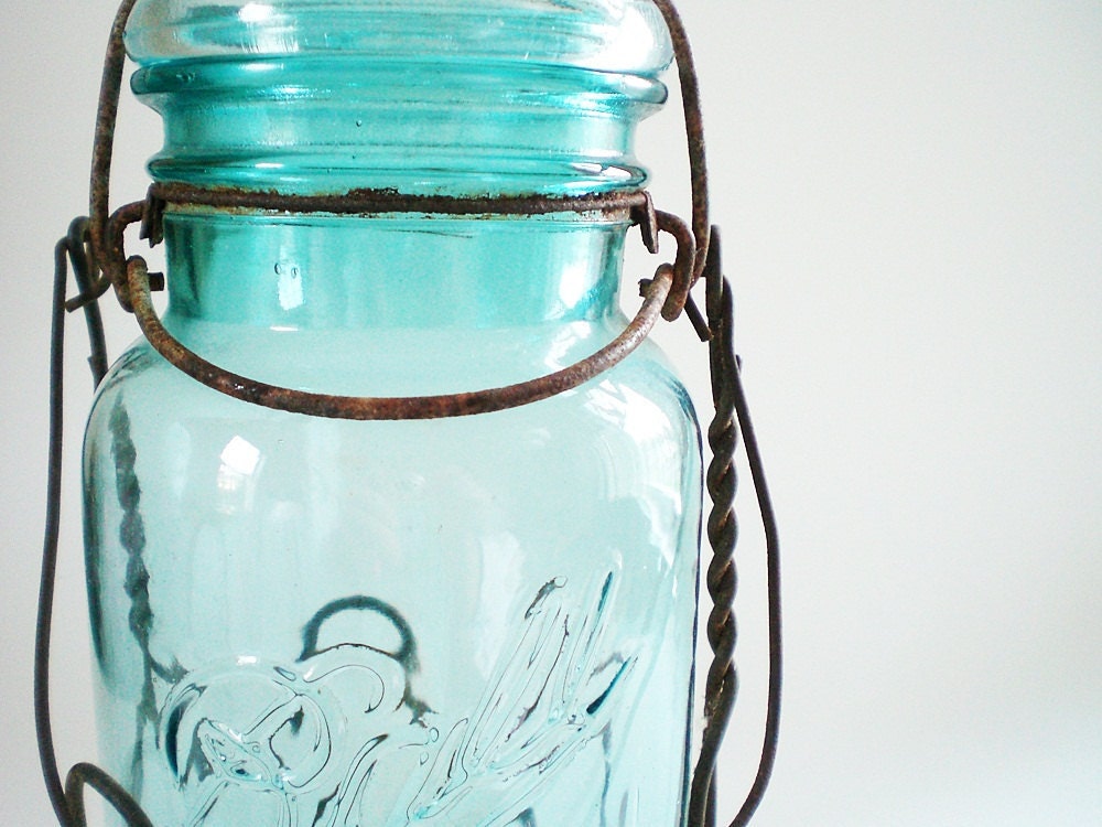 Vintage Ball Jar Teal Blue with Wire Canning Basket
