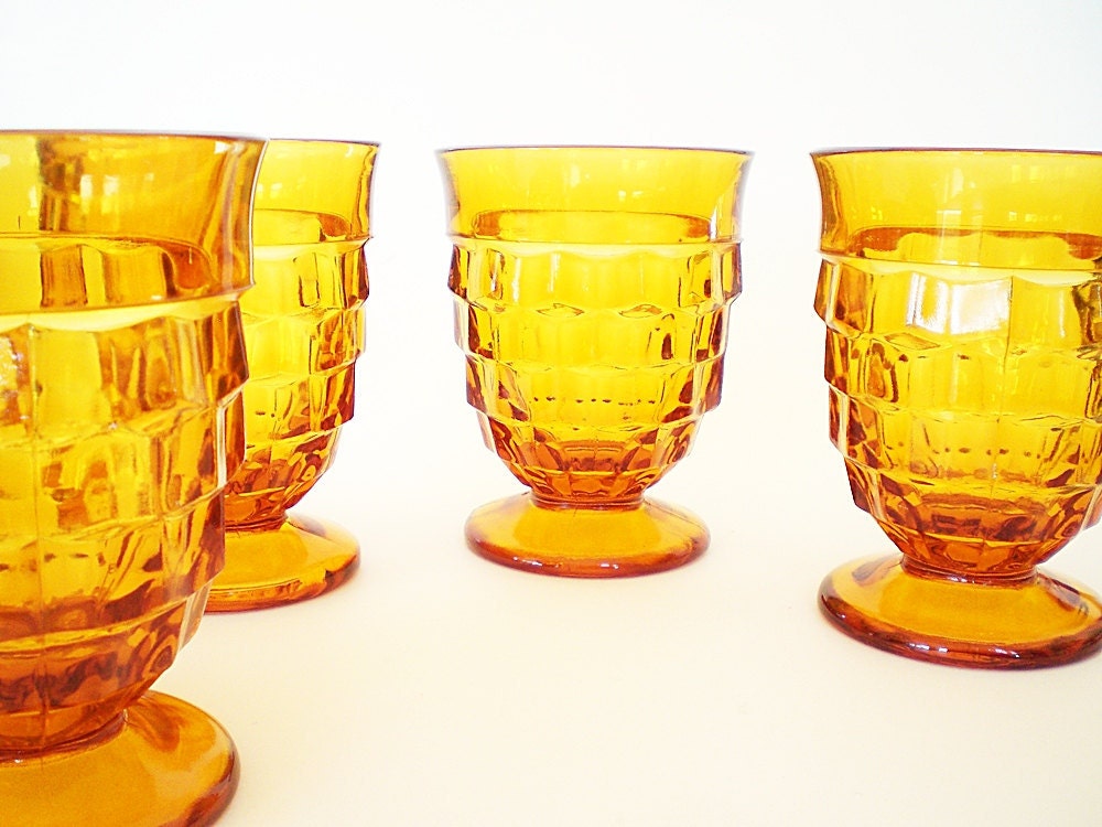 Vintage Glass Tumblers Amber Gold Festive Barware