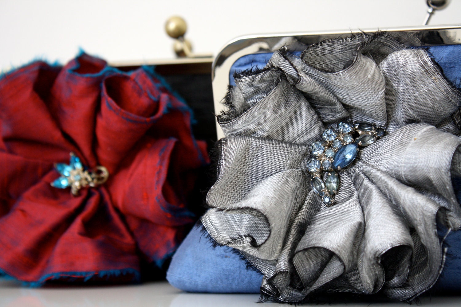 Bridal Party Accessory Wedding Clutch Raspberry Red Clutch with Peacock Flower Rhinestones- Ready to Ship
