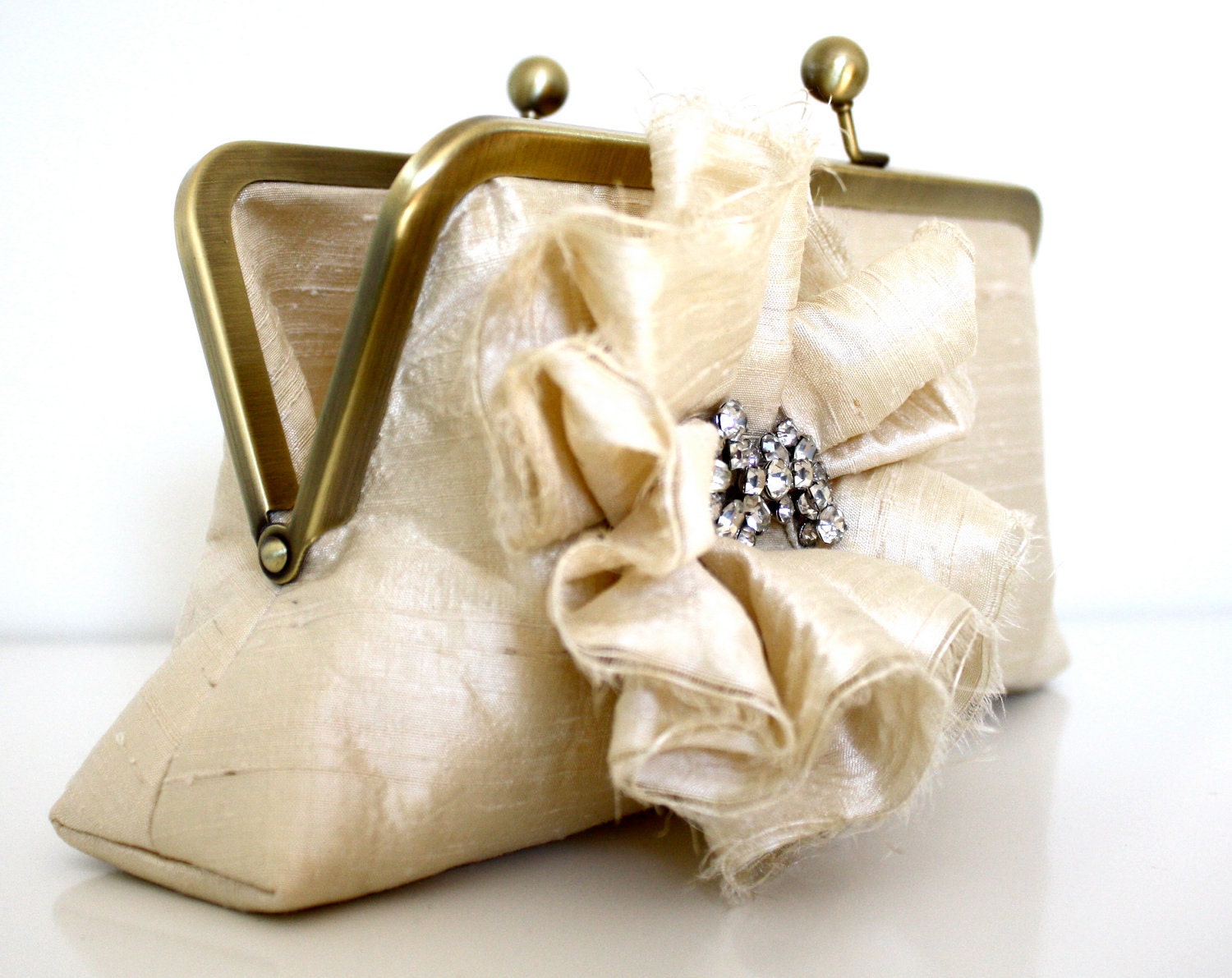 Ivory Ruched Flower Bridal Clutch with Vintage Rhinestone Sparkle- Beach Wedding