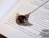Steampunk medieval necklace with wings and Madeira Topaz Vintage Glass Faceted