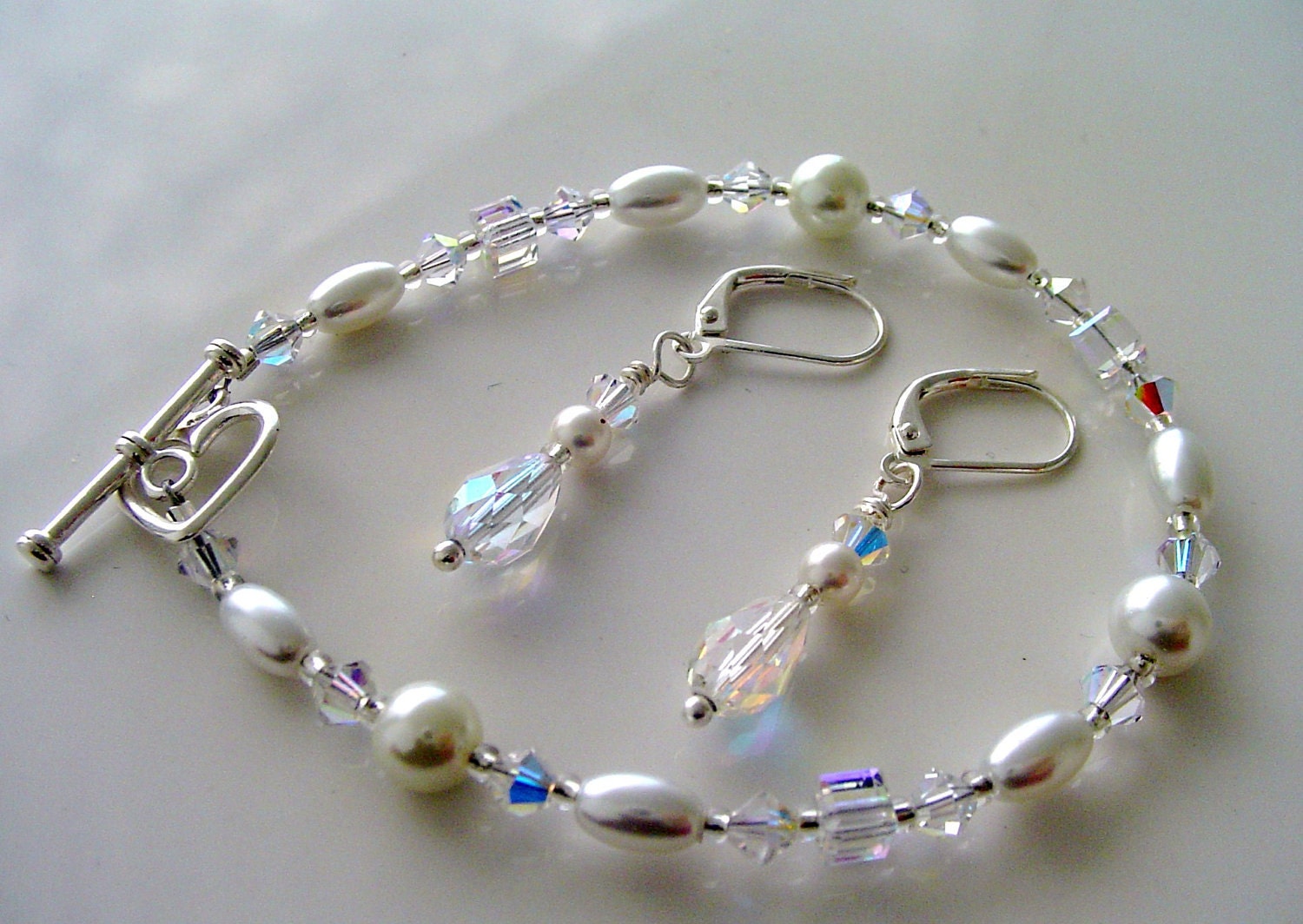Crystals White Pearls Set Crystals Ab Bracelet And Earrings Set Bridal Jewelry Handmade Gifts Free Shipping