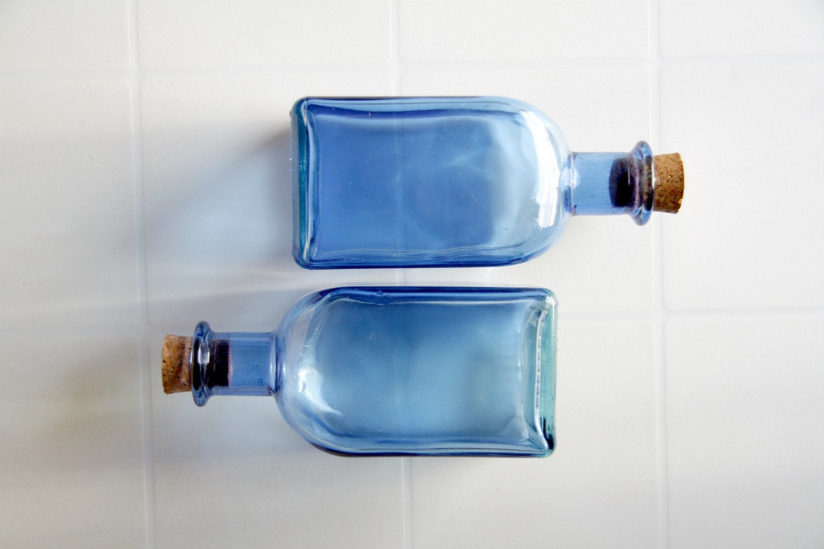 3 Cobalt blue glass bottles - recycled glass home decor