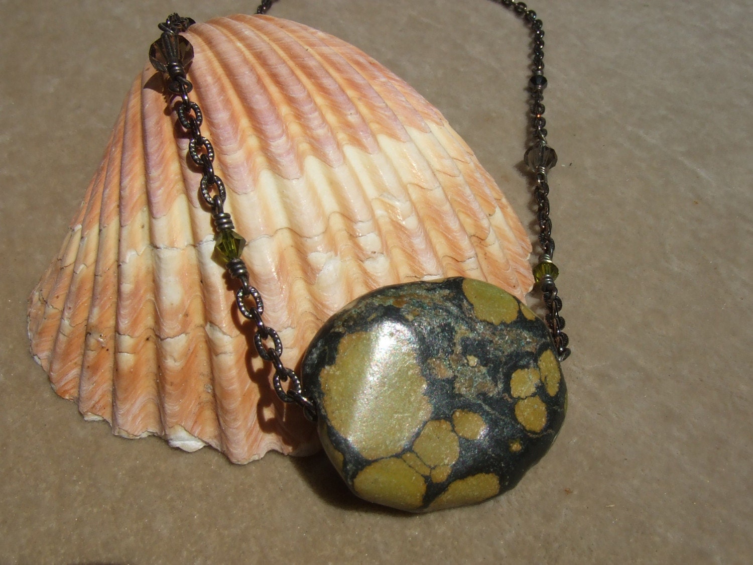 Green Turquoise Necklace with Swarovski Crystals . Wire Wrapped Stone . Pendant . Black Onyx . Handmade Tarnished Sterling Silver . Handmade
