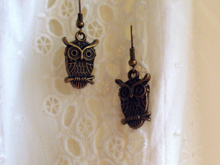 Owl Earrings - Antiqued Gold - Small