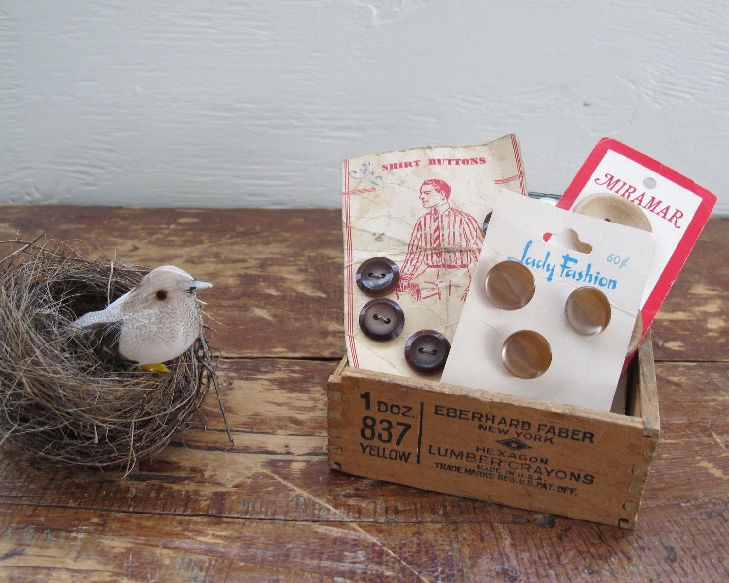 ON HOLD....Vintage Buttons in an Antique Wooden Crayon Box, Neutral Colours