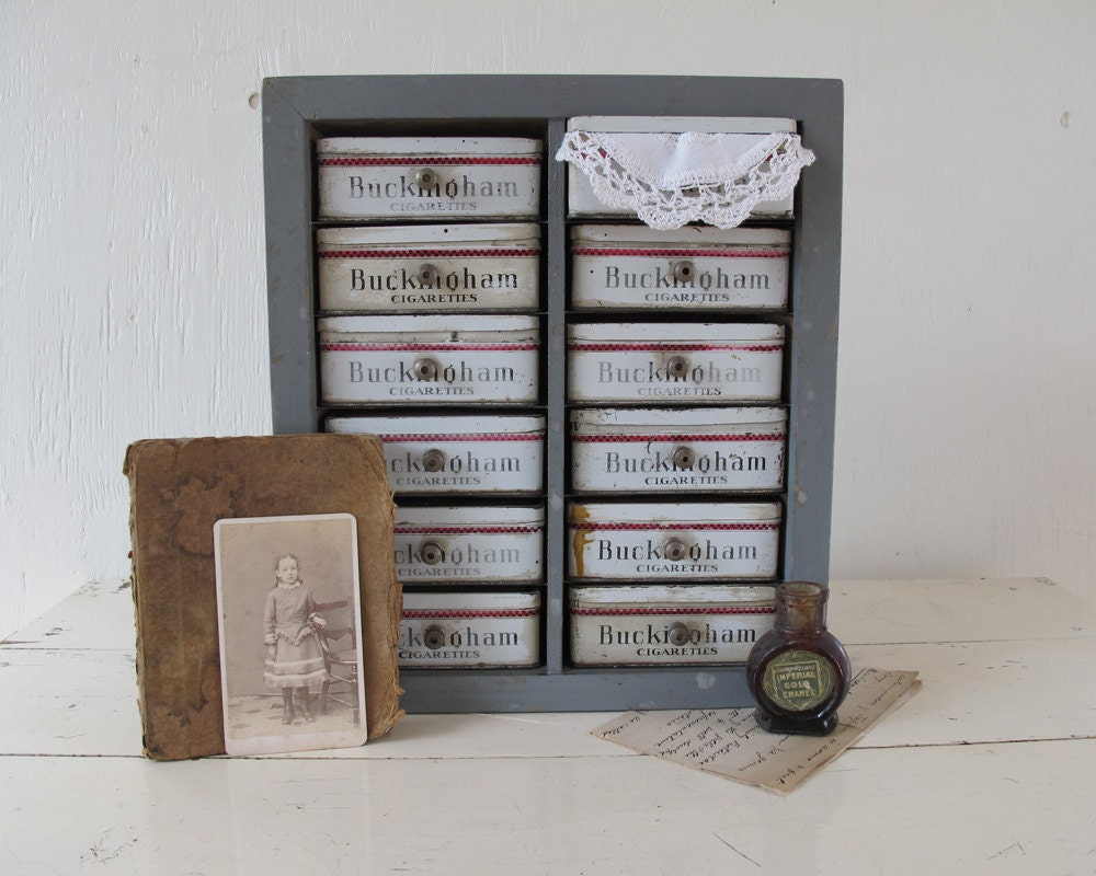 Antique Industrial Folk Art Cabinet, Wood with Tin Drawers, Rustic Home Decor and Storage