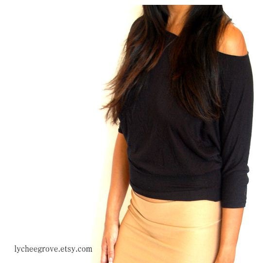 Stretch Crew Neck 3/4 Sleeve Stretch Jersey Top (Black)