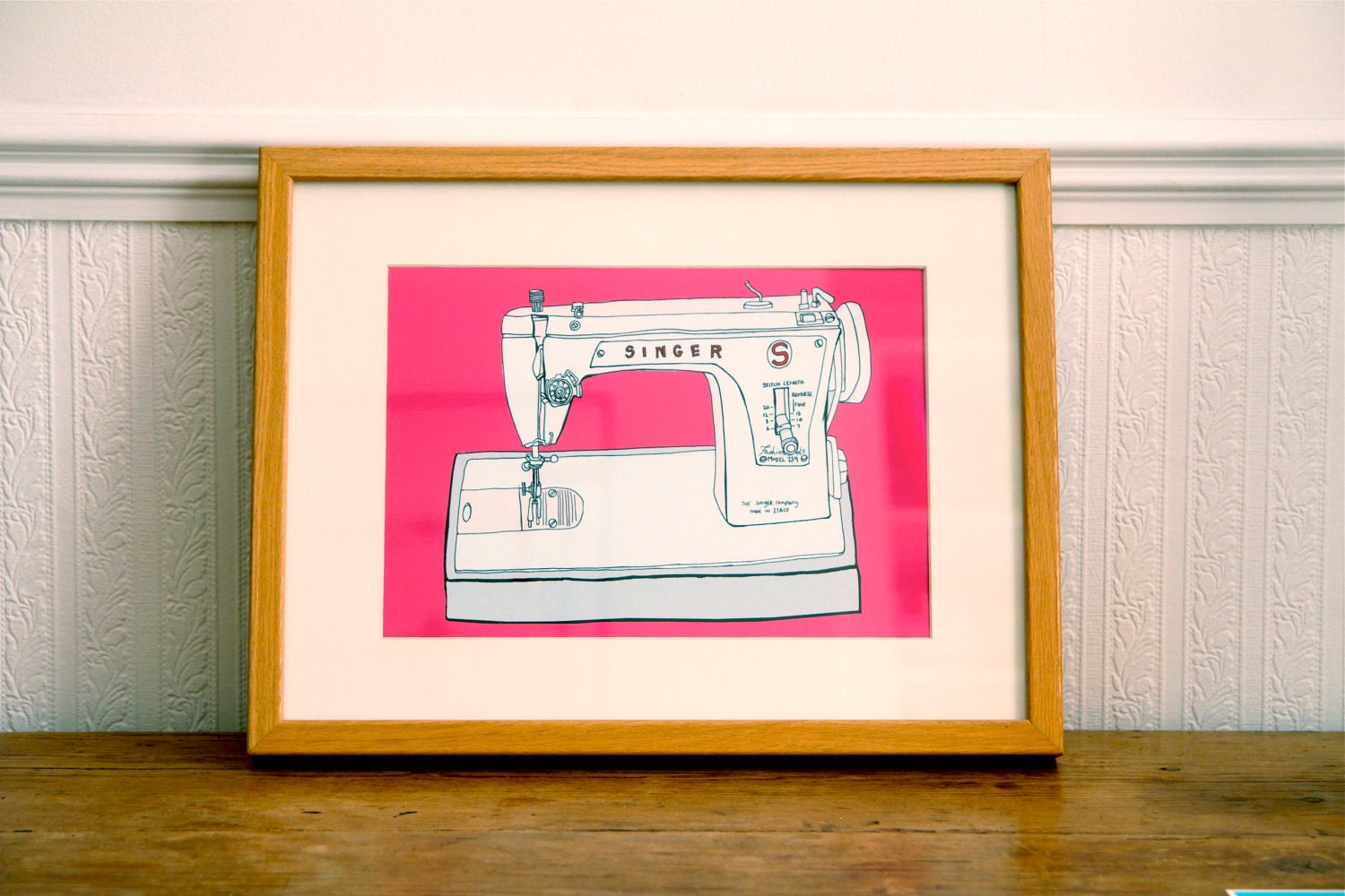 Singer sewing machine in pink - archival art print