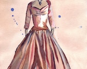 Watercolor Painting - Bronze Vintage Dress Watercolor Art Print, 8x10
