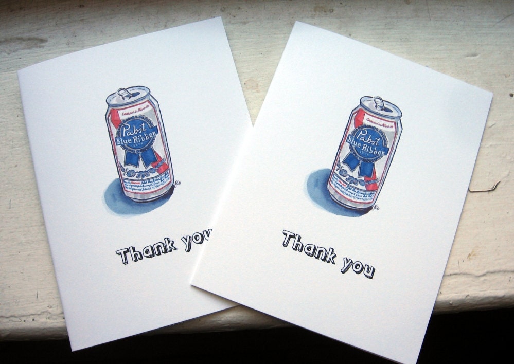 Thank You Notes, PBR Pabst Blue Ribbon Beer Watercolor Art Thank You Cards, Set of 12
