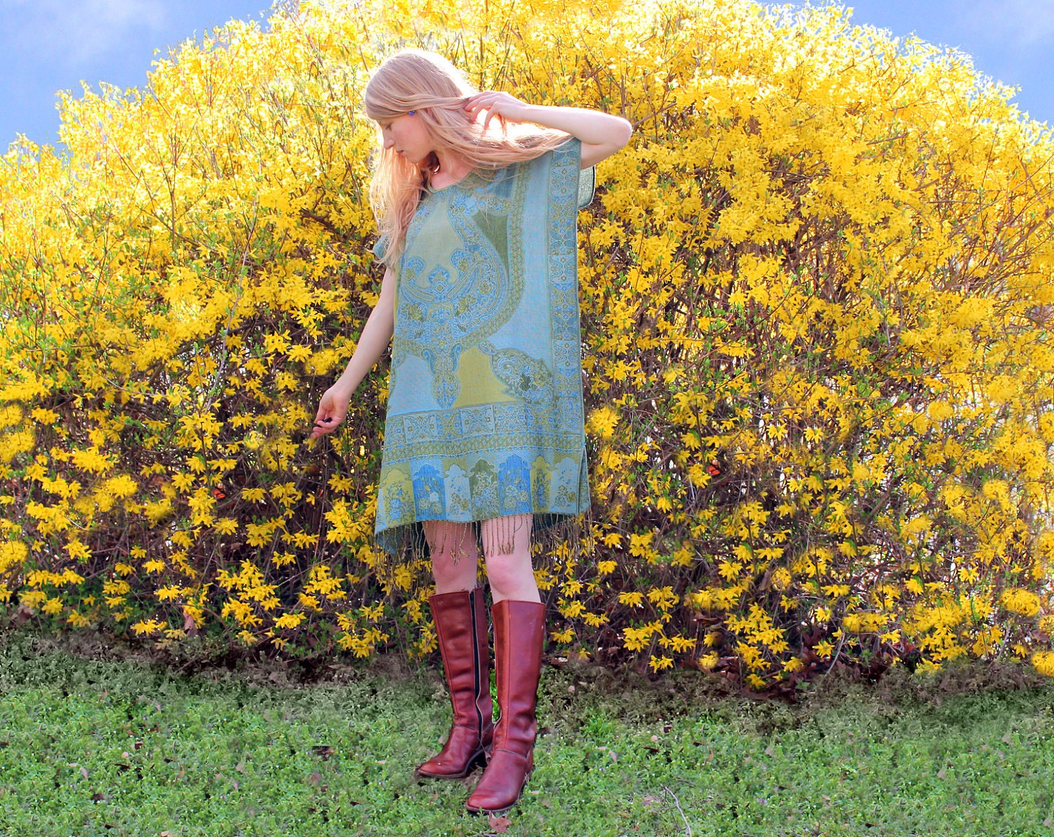 Silk & Cashmere Gypsy Kaftan Summer Dress with Fringe Ethnic Boho Style Blue Green One Size