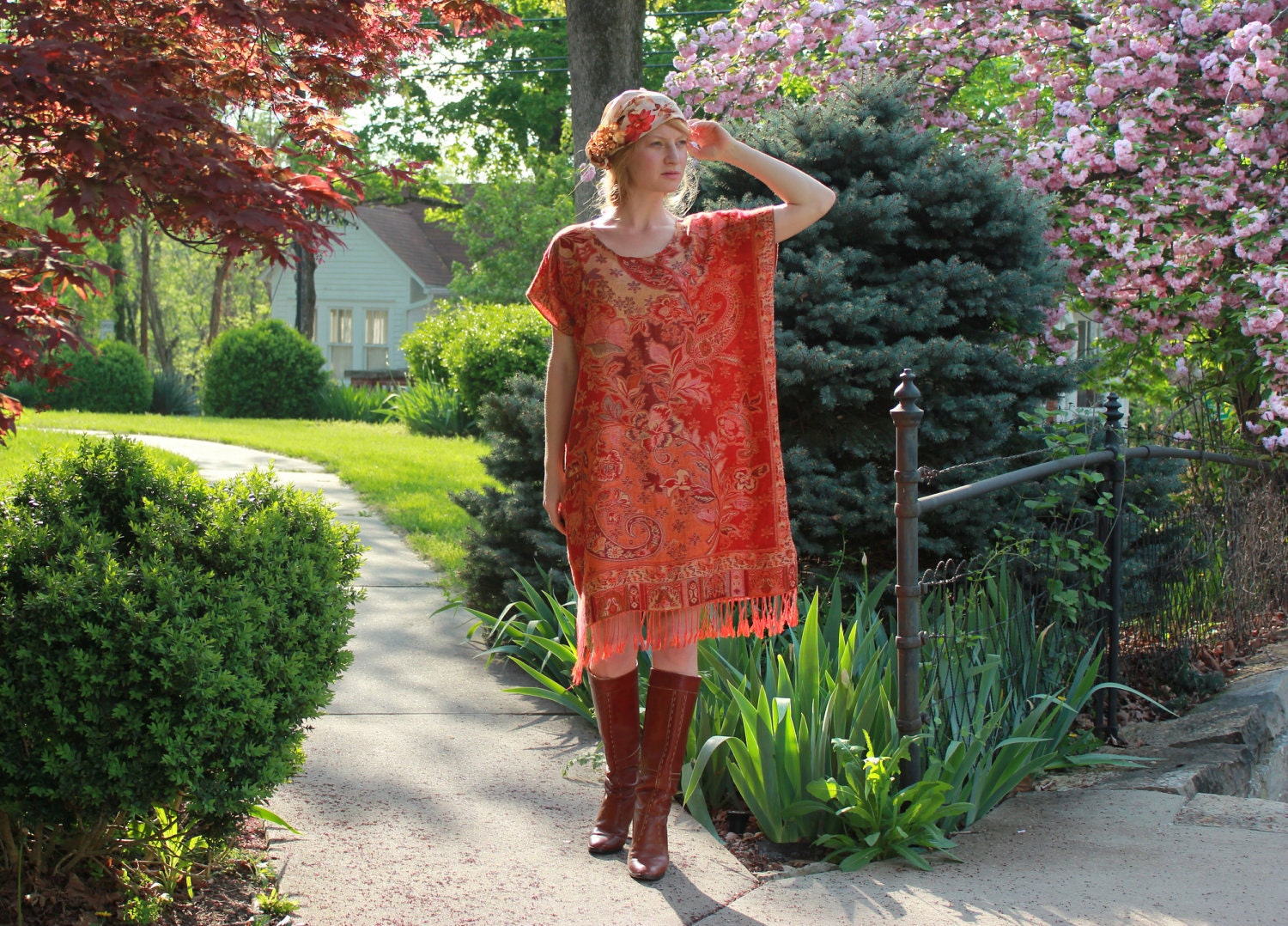 Summer Dress in Red & Gold Cashmere and Silk Gypsy Kaftan Caftan with Fringe Metallic One Size Fits All