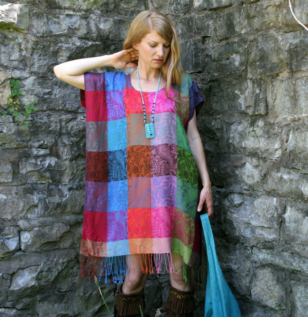 Silk & Cashmere Gypsy PATCHWORK Kaftan Dress with Fringe Boho Style One Size