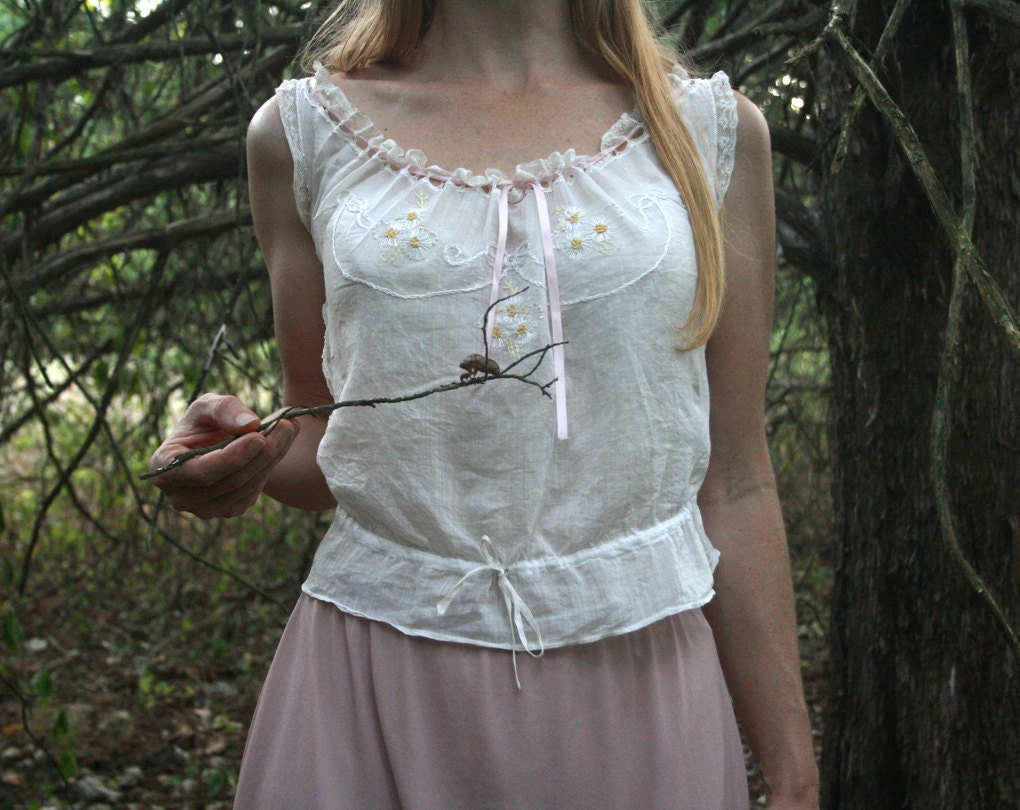 Vintage Victorian Chemise Tank Top in Lace & White Cotton Upcycled Eco Small Medium