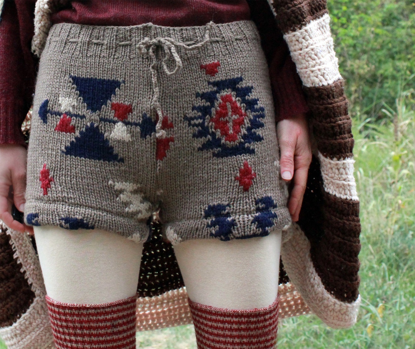 Upcycled Wool Sweater Shorts Knit Crocheted Aztec Ethnic Tribal One-of-a-Kind S M L