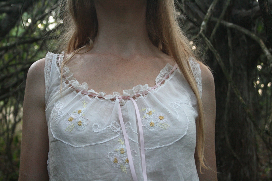 Vintage Victorian Chemise Tank Top in Lace & White Cotton Upcycled Eco Small Medium