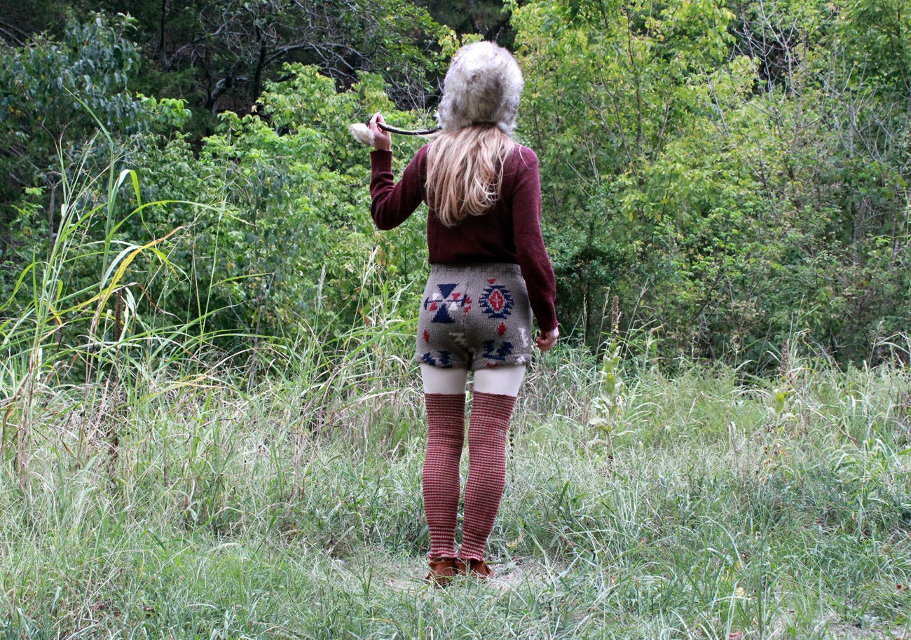 Upcycled Wool Sweater Shorts Knit Crocheted Aztec Ethnic Tribal One-of-a-Kind S M L