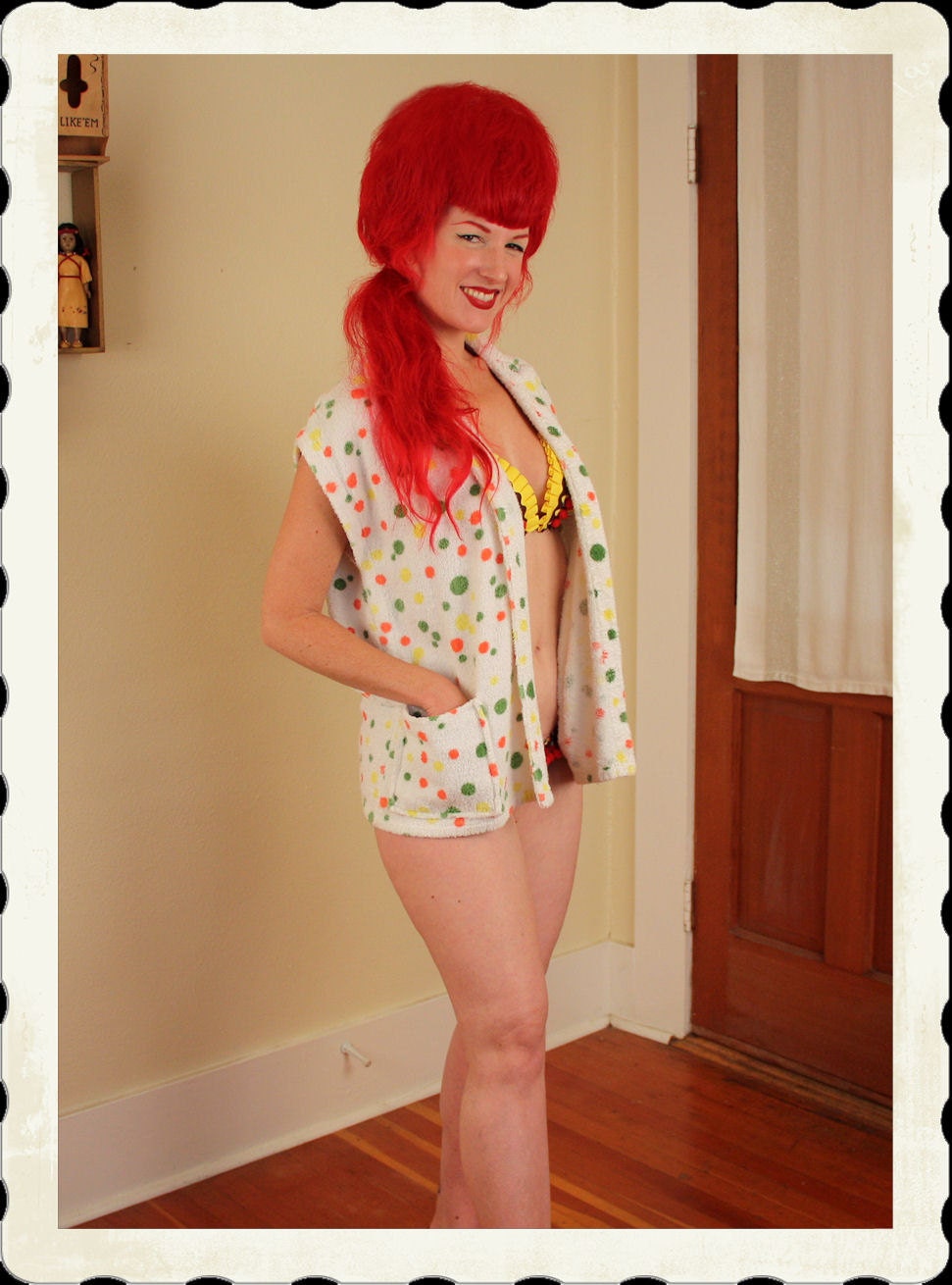 POOL PARTY Pinup 1950's Polka Dot Novelty Print Terrycloth Bathing Suit Cover-Up by Catalina - Front Hip Pockets - Lucite Button Collar