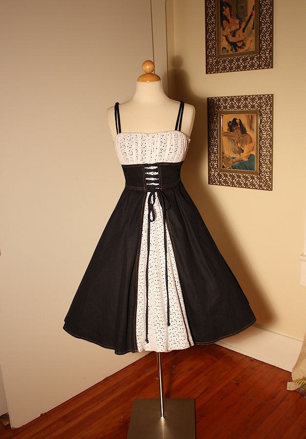 RESERVED Betsey Johnson 1950's Style Dark Denim with White Eyelet Party Sun Dress - Lace Up Midsection - New Look - Rockabilly - Size S