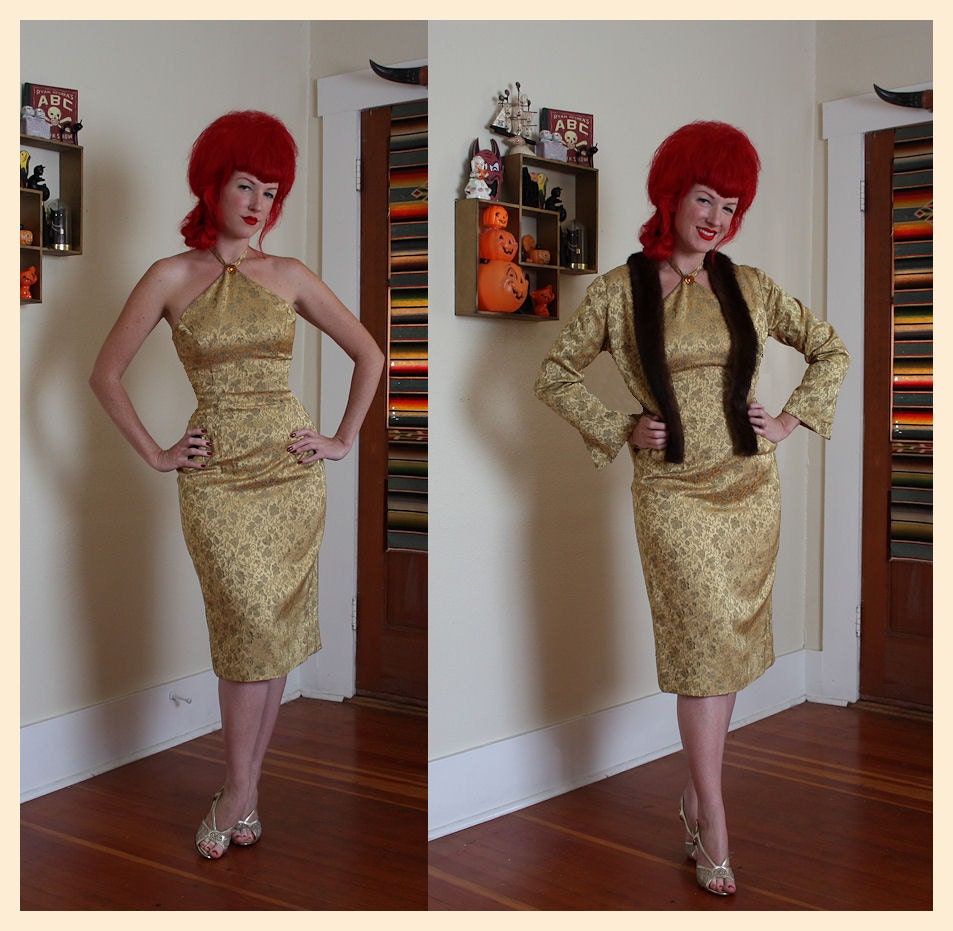 COUTURE Gold Silk Brocade 1950's Hourglass Cocktail Dress w/ Matching Jacket w/ Mink Trim - By Alfa Custom Made - Couture - VLV - Size M