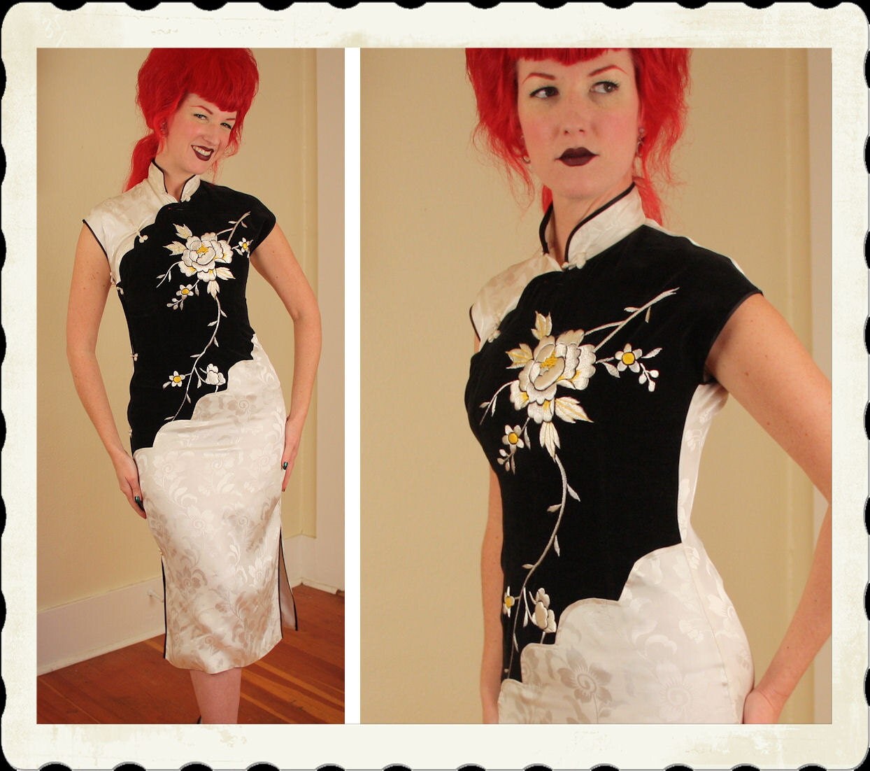 GORGEOUS Late 1940's White Silk & Black Velvet Cheongsam Suzy Wong Hourglass Cocktail Dress w/ Hand Embroideries - VLV - Pinup - Size S to M