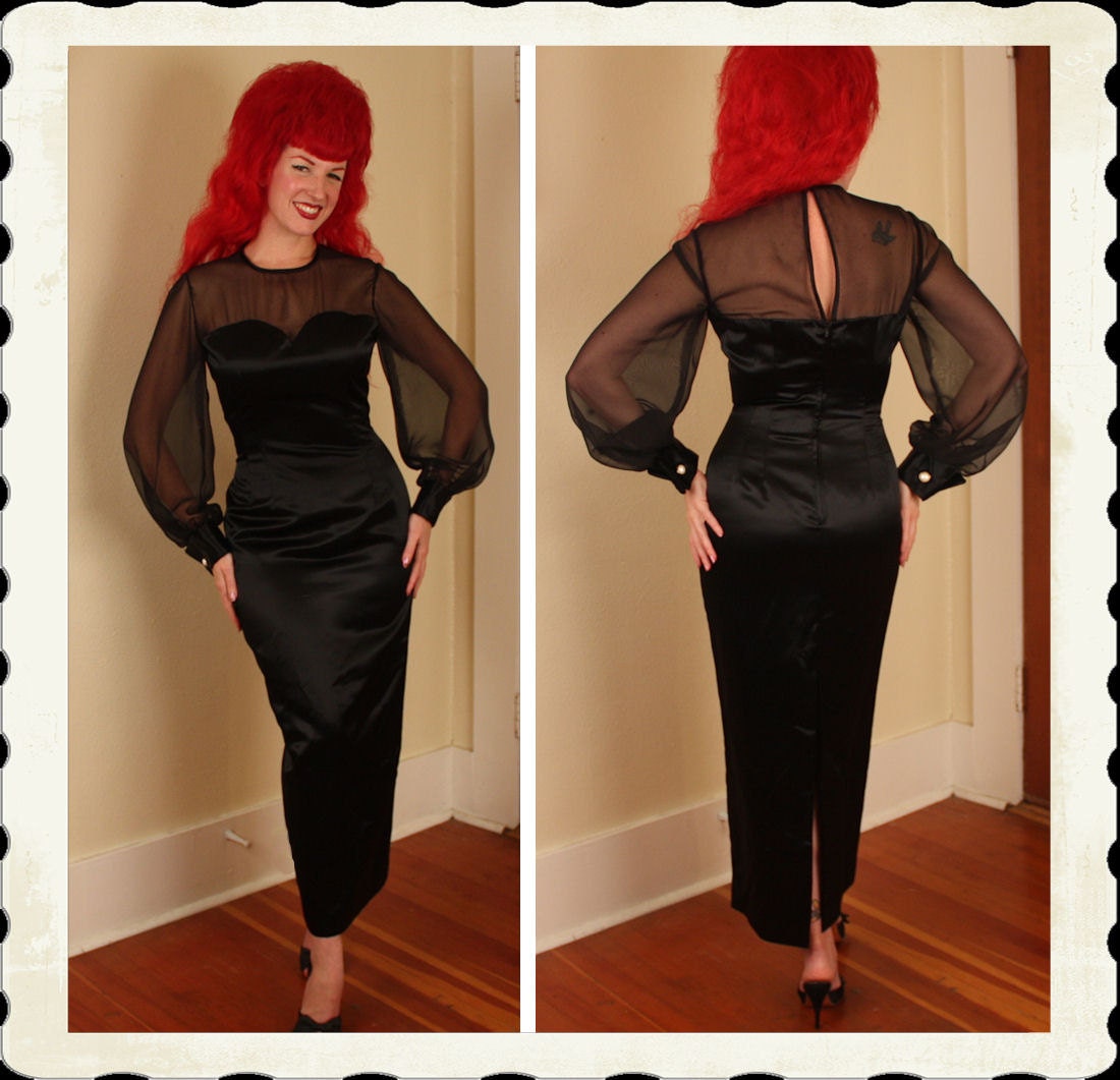 RESERVED Late 1950's Couture Silk Satin Hourglass Cocktail Gown Dress w/ Silk Chiffon Sleeves - Sweetheart Bust - Satin Cuffs - Size L