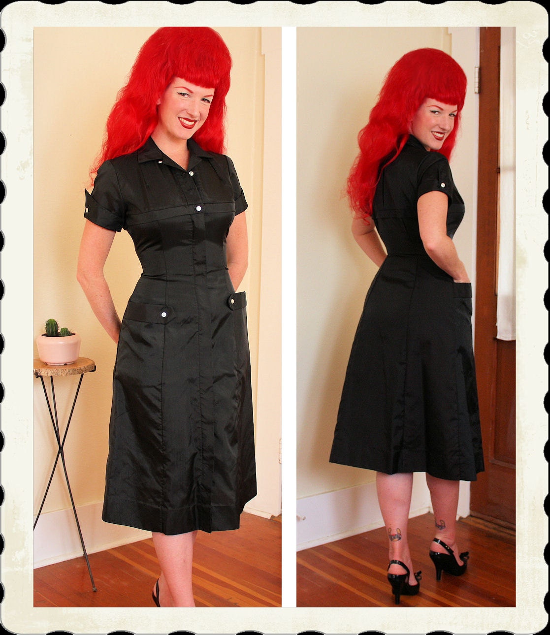 RARE Deadstock 1940's Black Nylon Nurse Uniform by Tiffiny Uniforms New York - Front Metal Zipper - 3D Hip Pockets - Goth Fetish - Size M