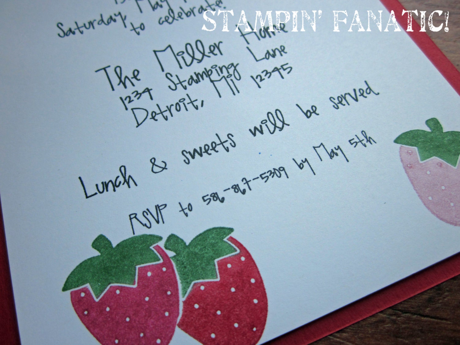 Sweet Strawberry Collection: Set of 12- 5x7 invites. Hand stamped. Strawberry party. Strawberry Birthday. Il_170x135
