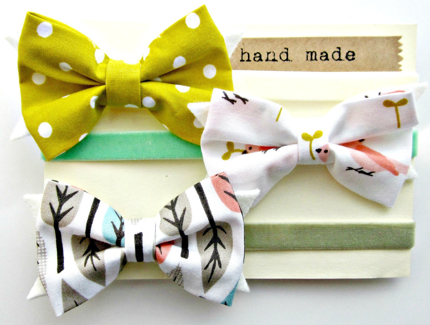 Baby Headband - Bow Collection with organic fabric, birds and trees