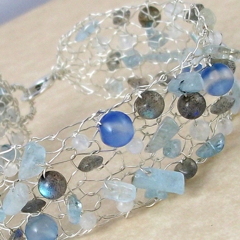 Aqueous Lace, Sterling Bracelet with Aquamarine, Labradorite, Rainbow Moonstone, & Dyed Chalcedony