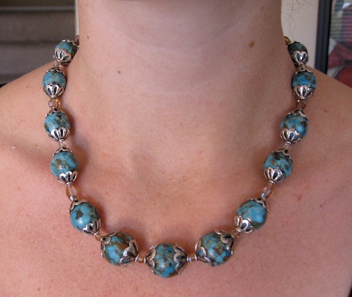 Chunky Turquoise and Sterling Silver Crystal Necklace for Women, OOAK Sterling Silver Handmade Jewelry for Her on Etsy