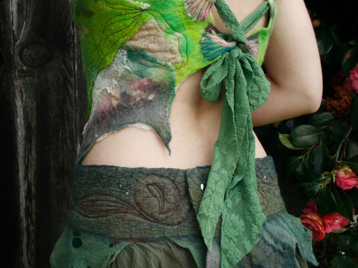 Nuno felted clothing -felted clothes - felt and ribbon back tie top - wool and lace in Woodland Grass