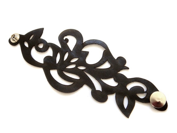 Black leather cuff bracelet - laser cut swirl design