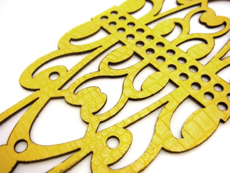 Yellow leather cuff bracelet, laser cut filigree design