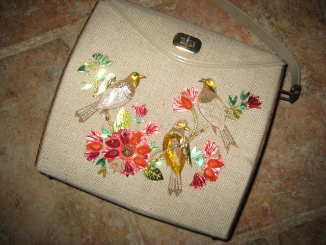 VINTAGE RETRO BEADED Dazzling Handbag Bag Jewels Linen Wood Chic 1970s
