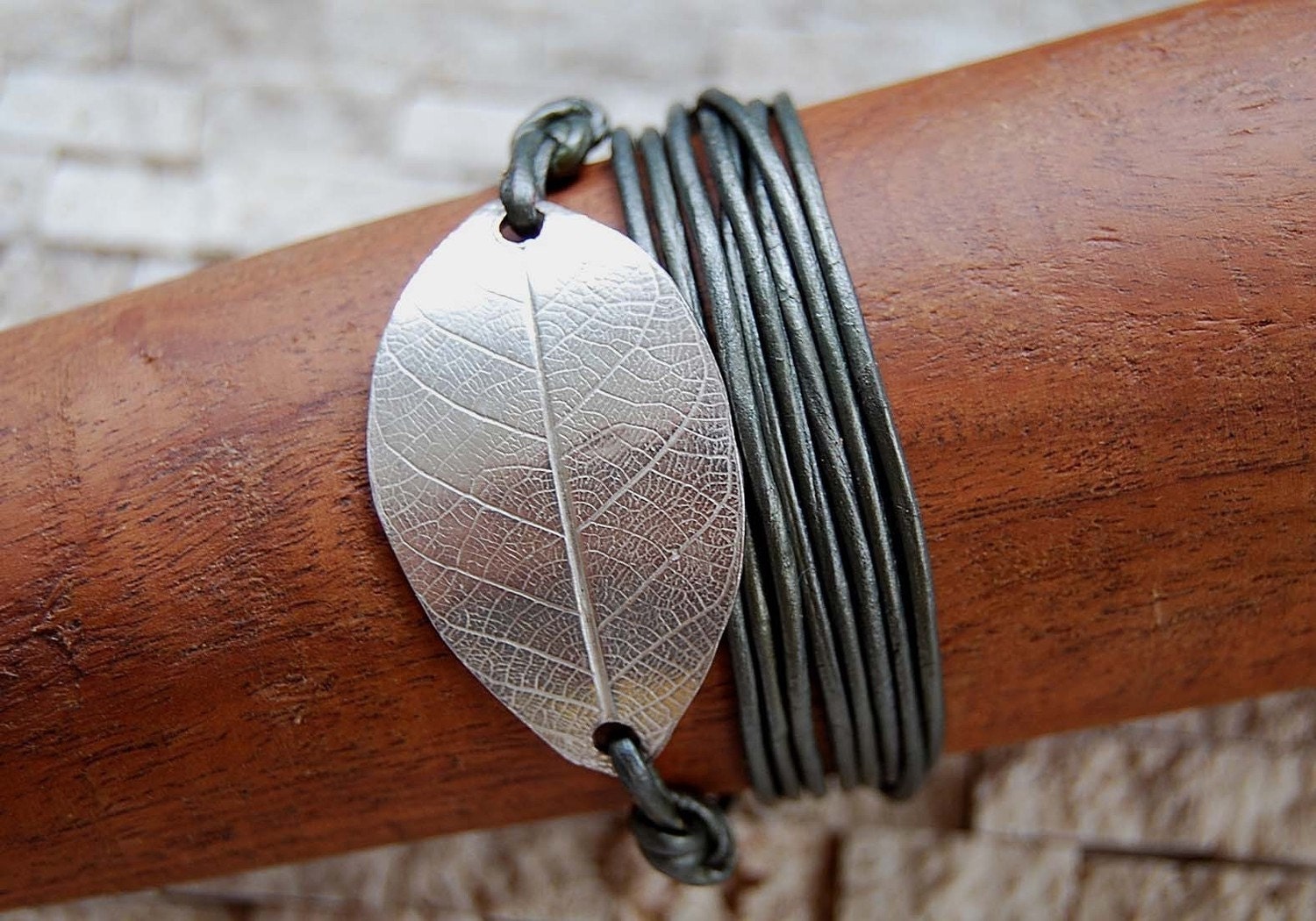 Fine Silver leaf Leather Bracelet/Necklace,fall, foliage, nature, metallic, wrap, chunky