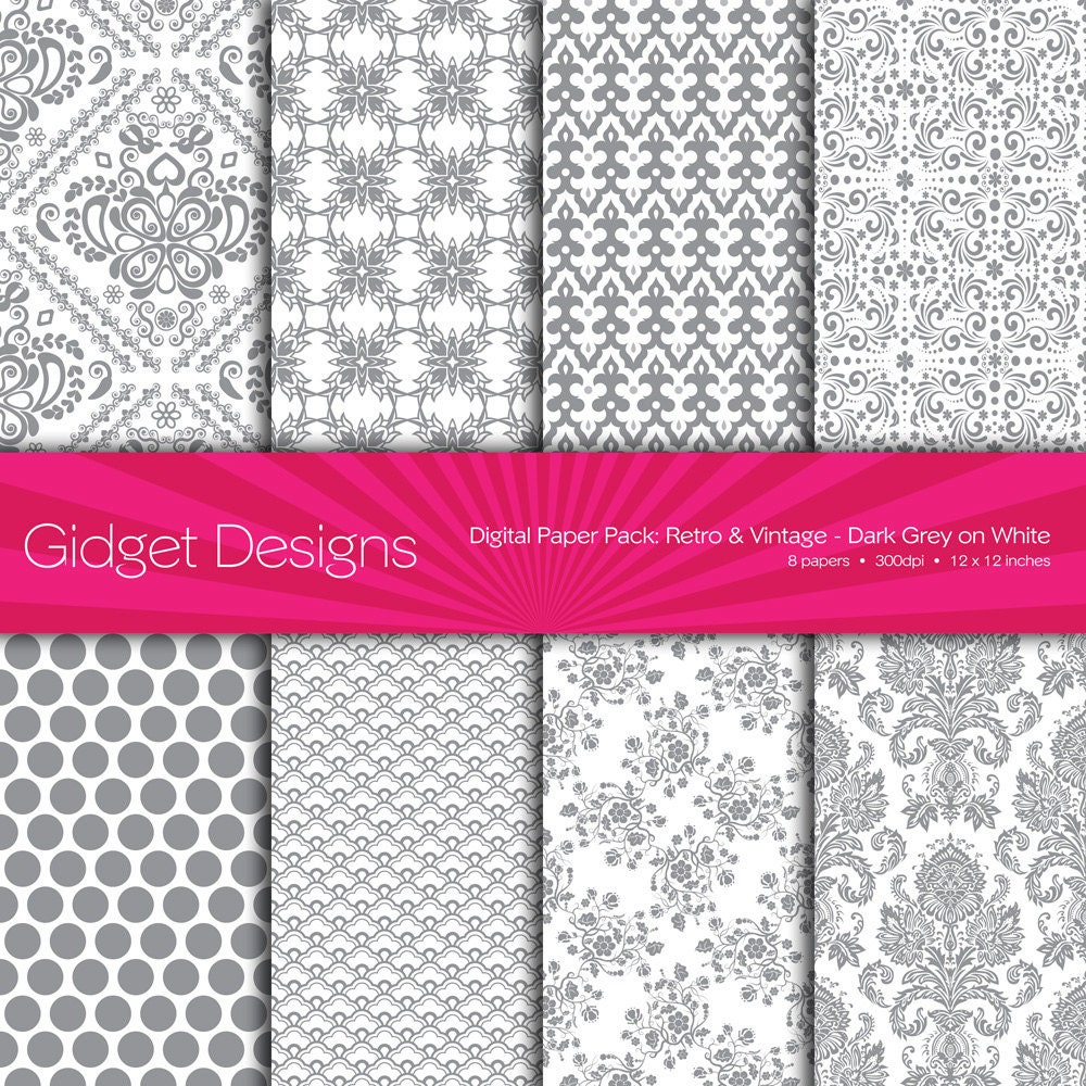Digital Paper Pack: Retro & Vintage Damask - Dark Grey / Silver on White