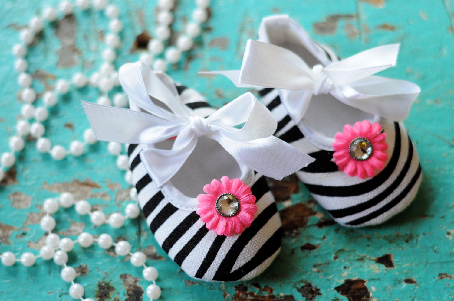 Boutique Zebra Striped Baby Girl Crib Shoes Booties with Bright Pink Flower