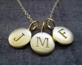 personalized disc necklace, three gold letter charms, custom initial, 14k gold filled, family necklace, mommy necklace