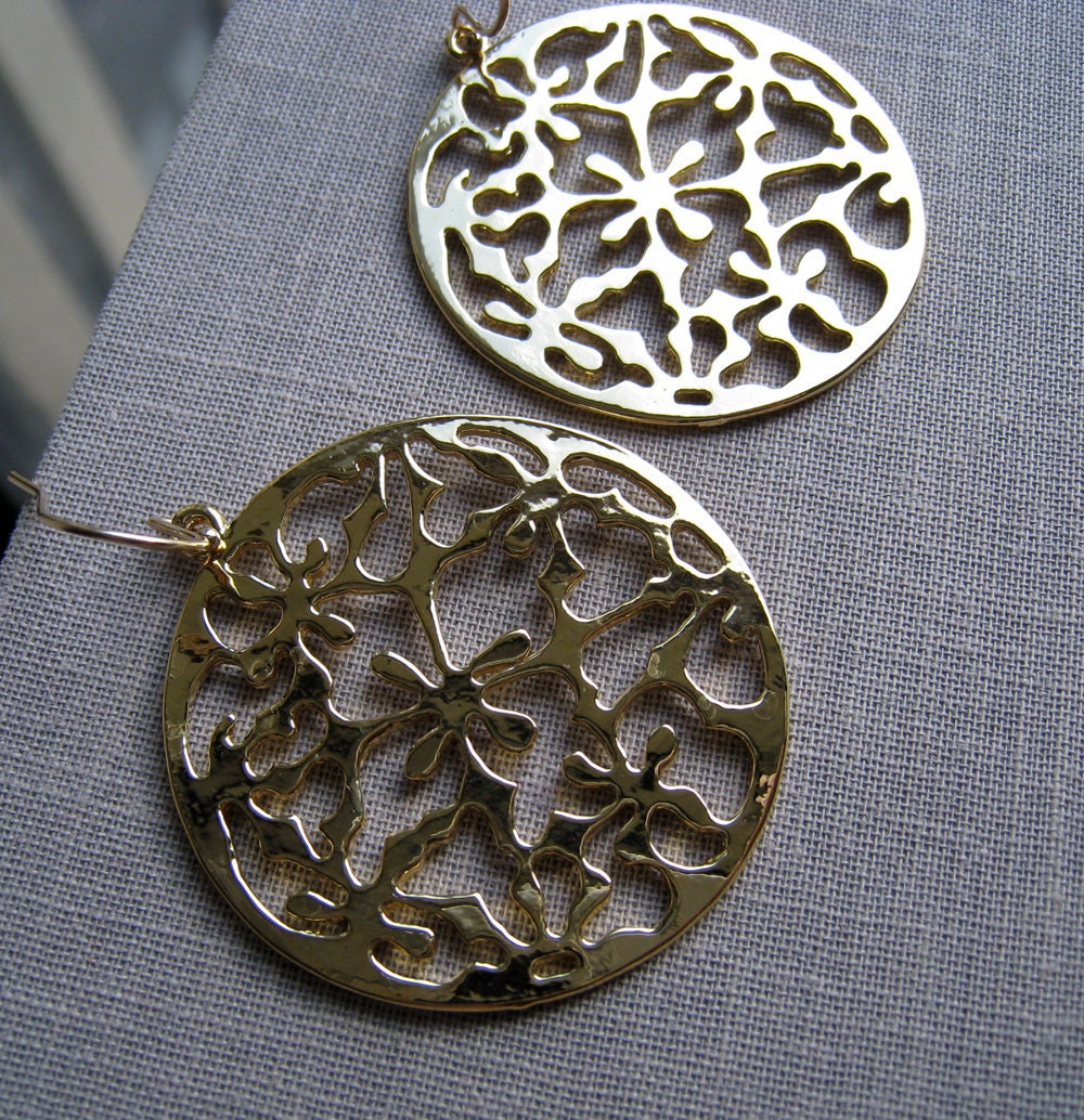 Art Deco Earrings, unique decorative gold disc, modern chic big earrings, statement piece