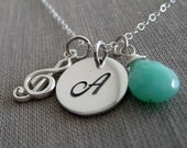 custom initial necklace, music lover, personalized jewelry, bridal party gifts, treble clef charm, silver necklace