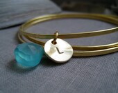 Initial and gemstone gold bangles, set of 3 personalized gifts,  letter disc charm, bridesmaid bangles, initial bangle