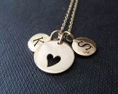 Personalized love necklace, initial disc, heart charm, lovers, sisters, family love, romance