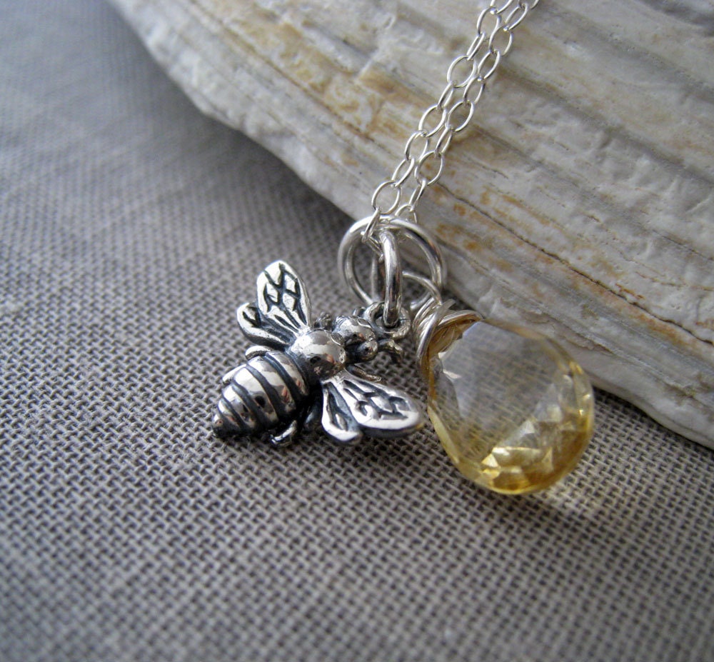 Silver bumble bee necklace, sterling silver Honey bee charm, Customized gemstone necklace
